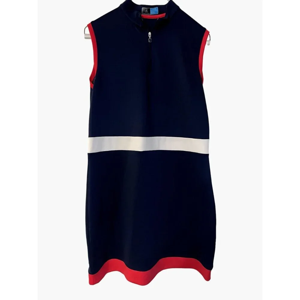Sleeveless Navy Colorblock Golf Dress with White Waistband - Picture 3 of 8